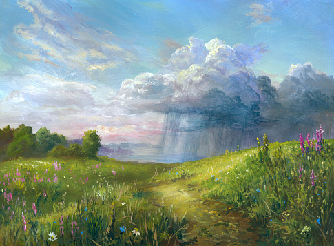 blooming field  and a thundercloud in the distance over the lake in the style of impressionism, acrylic painting on watercolor paper