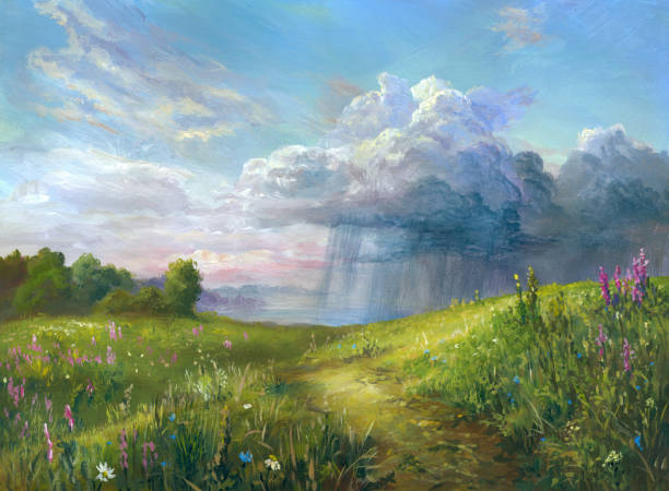 Spring rain, acrylic painting blooming field  and a thundercloud in the distance over the lake in the style of impressionism, acrylic painting on watercolor paper acrylic painting illustrations stock illustrations