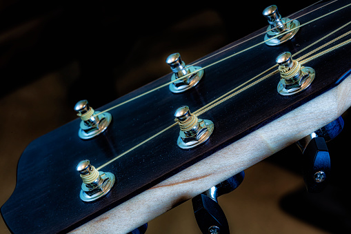 Close-up image of acoustic guitar tuners
