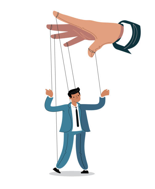 istock Businessman marionette on ropes controlled hand. Business metaphor vector illustration 1369802148