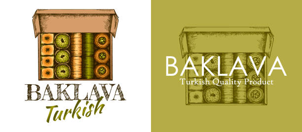 Sketch drawing Turkish pistachio baklava logo isolated on white and green background. Sketch drawing Turkish pistachio baklava logo isolated on white and green background. Hand drawn oriental sweets icons. Baked desserts with nuts. Food packaging. Box with snack. Vector illustration. baklava stock illustrations