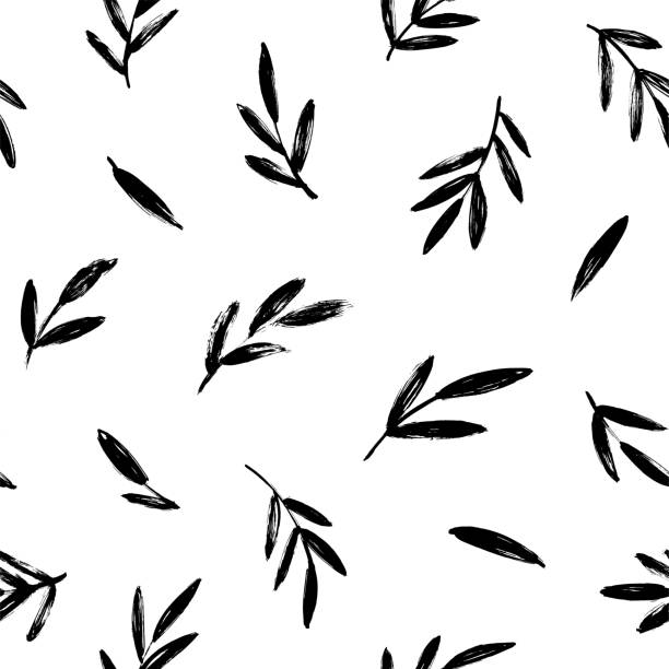 Seamless pattern with black leaves. Seamless pattern with black leaves. Vector abstract plant motif with foliage. Hand drawn twigs silhouettes. Palm branches, tropical pattern, floral background. Branch with leaves ornamental texture. olive branch stock illustrations