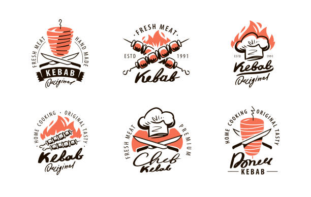 Set of Kebab, BBQ labels. Design elements for  badge, emblem, restaurant menu, flyer Set of Kebab, BBQ labels. Design elements for badge, emblem, restaurant menu, flyer shawarma stock illustrations
