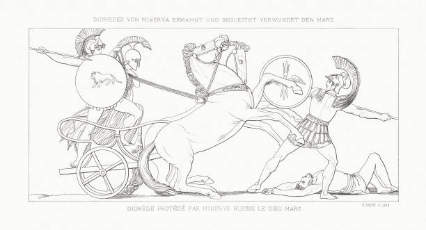 ilustrações de stock, clip art, desenhos animados e ícones de protected by minerva, diomed wounds the god mars (iliad) - engraving minerva engraved image roman mythology