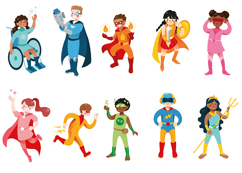 Children in superhero costume. Isolated illustrations of superhero kids.