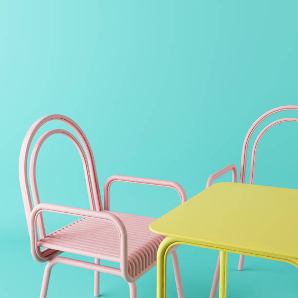 istock Mock up pastel chair and table dining set in blue pink and yellow.3d rendering 1369805366