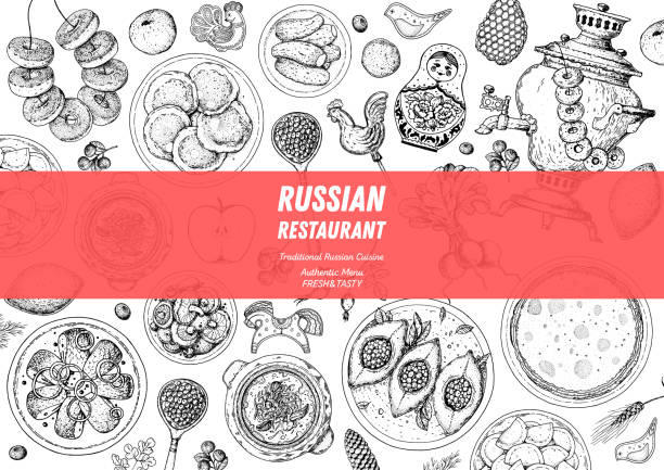 Russian cuisine top view frame. Food menu design elements. Traditional dishes. Russian food. Doodle collection. Vintage hand drawn sketch vector illustration. Menu background. Engraved style. Russian cuisine top view frame. Food menu design elements. Traditional dishes. Russian food. Doodle collection. Vintage hand drawn sketch vector illustration. Menu background. Engraved style pierogi stock illustrations