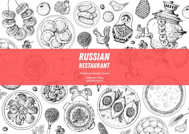 Vector illustration of Russian cuisine top view frame. Food menu design elements. Traditional dishes. Russian food. Doodle collection. Vintage hand drawn sketch vector illustration. Menu background. Engraved style.