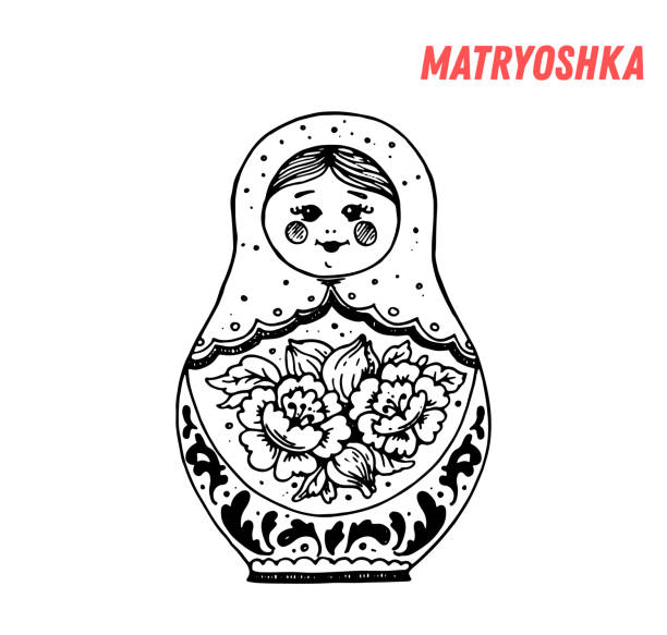 illustrazioni stock, clip art, cartoni animati e icone di tendenza di schizzo disegnato a mano di matrioska russa. illustrazione vettoriale della bambola nidificante. - babushka