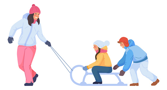 Mom pulling sledge with children. Winter joy activity isolated on white background