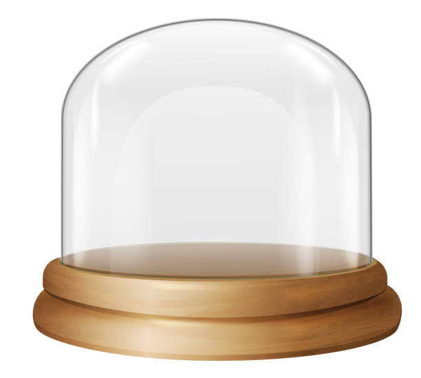 istock Glass container on wooden tray. Realistic dome mockup 1369811260