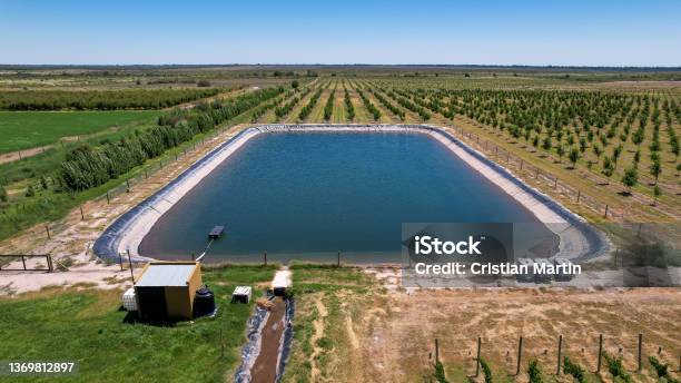Aerial View Of A Water Tank For Irrigation In Agriculture Stock Photo - Download Image Now