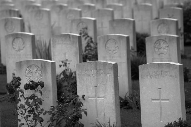 Black and White impression of Tyne Cot cemetary Yper, Belgium â August 7, 2021. Detail of the war monuments at Tyne Cot cemetery. Tyne cot is the largest British cemetery from the first world war. passchendaele stock pictures, royalty-free photos & images