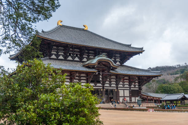 Nara, Japan â January 5, 2020. Exterior of the main entrance to the Todai-ji Temple in Nara. This temple is famous for its giant Buddha statue and a popular tourist destination.