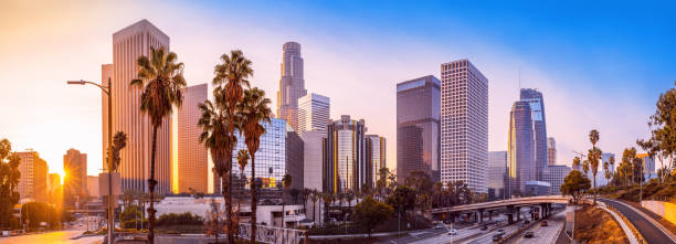 los angeles the skyline of los angeles during sunrise southern california stock pictures, royalty-free photos & images