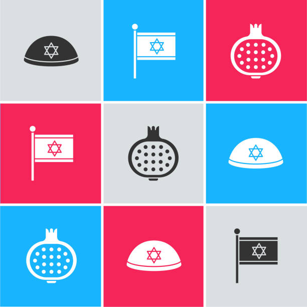 ilustrações, clipart, desenhos animados e ícones de definir kippah judeu, bandeira de israel e ícone de romã. vetor - yarmulke