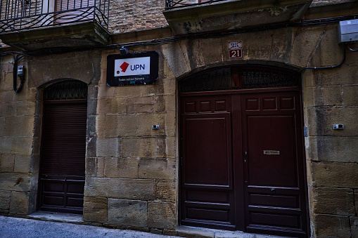 Olite, Navarra Spain-february 20 2021: View of the UPN political party headquarters in the city of Olite. High resolution photo