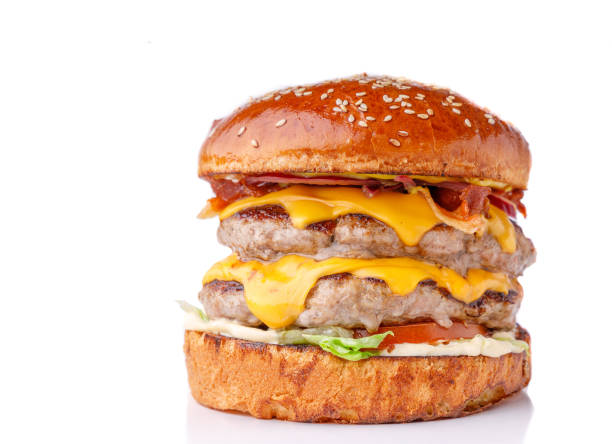 istock fresh hamburger with beef patty on white background for menu 1369816859