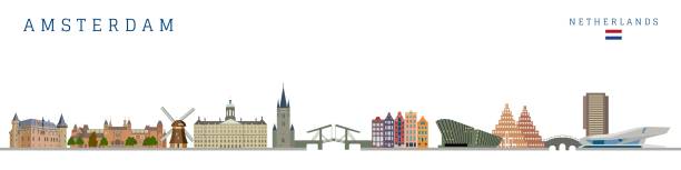 ilustraciones, imágenes clip art, dibujos animados e iconos de stock de edificios de monumentos de ámsterdam horizonte de la ciudad y puntos de referencia coloridas ilustraciones vectoriales. - amsterdam netherlands city skyline