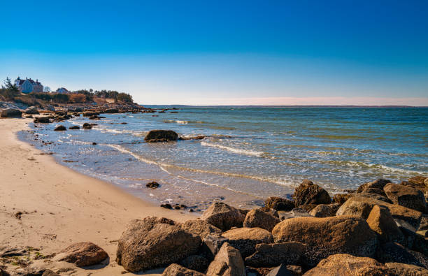 istock Jetty with seaweed-covered rocks piled up on the sandy beach at low tide 1369818179