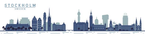 Silhouettes of stockholm city monuments, travel swedish capital stockholm landmarks colorful abstract silhouette vector illustration. swedish flag stock illustrations