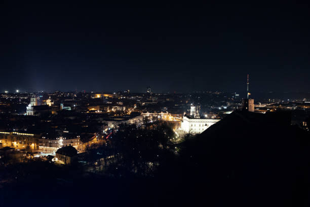 istock Panoramic view of Vilnius, by night 1369819407