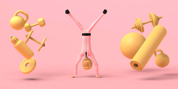 Businessman practicing sport with mat, pilates ball, weights and water bottle. Copy space.  3D illustration. Cartoon.