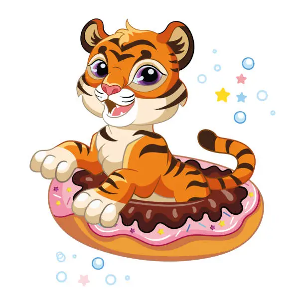 Vector illustration of Cute tiger in an inflatable circle vector illustration