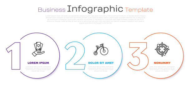 illustrazioni stock, clip art, cartoni animati e icone di tendenza di linea di set carte da gioco che tengono a mano, bicicletta d'epoca con una ruota grande e una piccola e sport target per la competizione di tiro. modello di infografica aziendale. vettore - bicycle playing cards