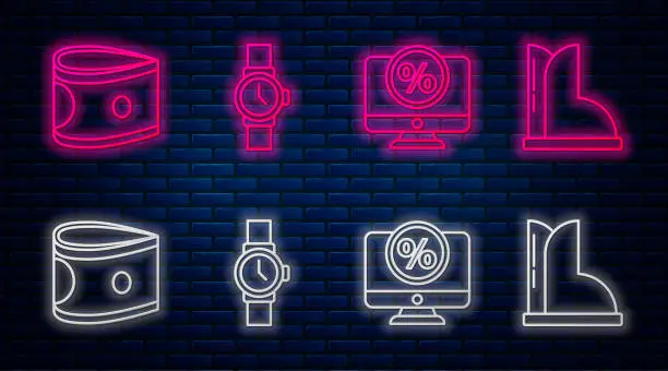 Vector illustration of Set line Wrist watch, Percent discount and monitor, Stacks paper money cash and Waterproof rubber boot. Glowing neon icon on brick wall. Vector