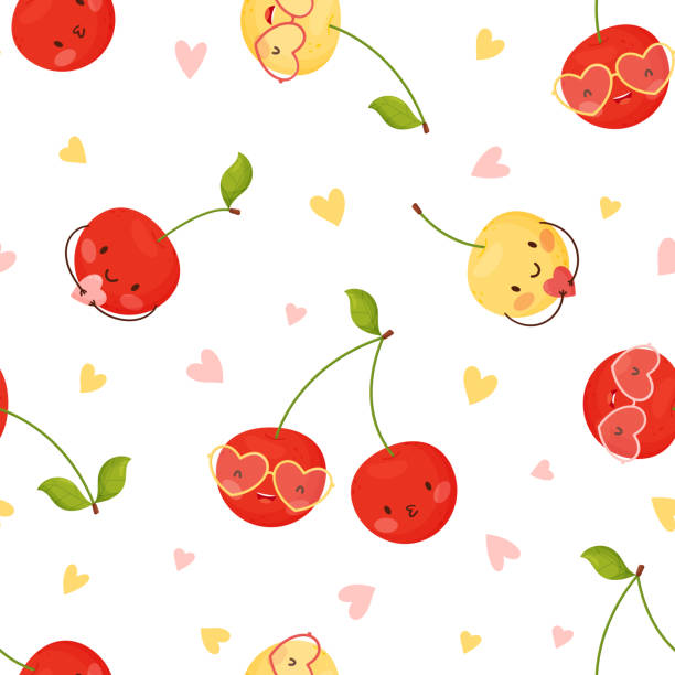 valentine s day seamless pattern. cute cartoon cherry with heart glasses. vector illustration. white background. - cherry valentine stock illustrations