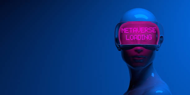 istock Female avatar with neon pink META VERSE LOADING text goggles on blue background 1369826056