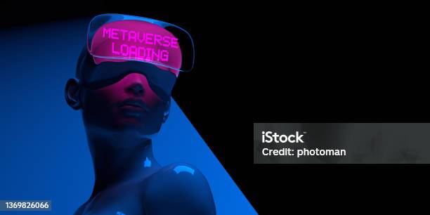 Blue Female Cyber With Neon Pink Meta Verse Loading Text Goggles On Geometric Dark Background Stock Photo - Download Image Now