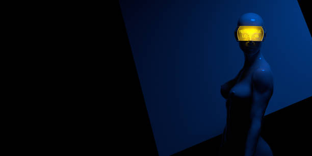 istock Blue female cyber body with illuminated yellow META VERSE LOADING text goggles on dark background 1369826619