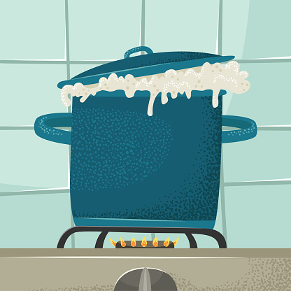 Vector illustration of a pan with boiling liquid on the hob of a kitchen stove.