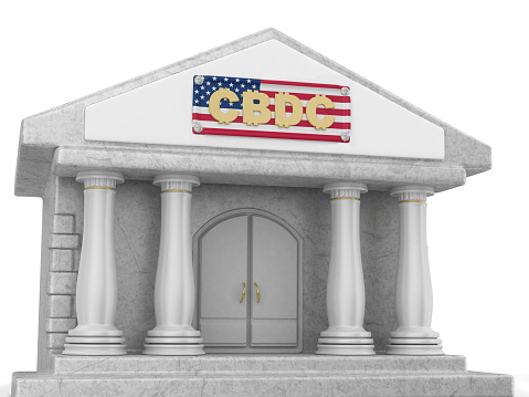3d render. Bank with the inscription CBDC isolated on white background.