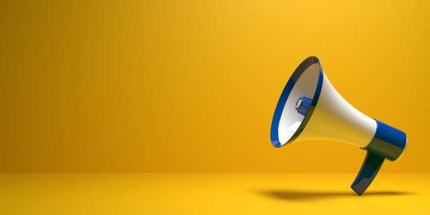 Blue white striped Megaphone instrument on yellow background with copy space. Megaphone event announcement concept: 3D rendered audio communication equipment symbol on blank background with space for additional text message. Attention call for special events. Informative message icon. Illustrated graphic design with dropped shadow. announcement message stock pictures, royalty-free photos & images