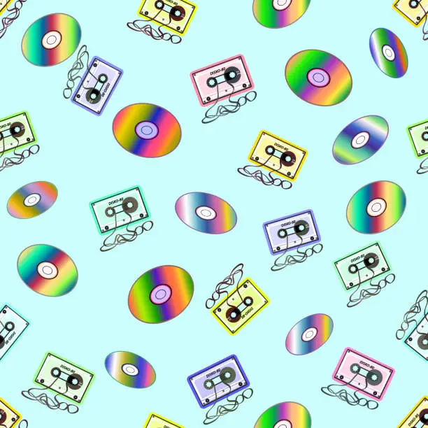 Vector illustration of CDs and audio cassettes. Cheerful seamless pattern in retro style.