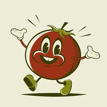 funny retro cartoon illustration of a walking tomato