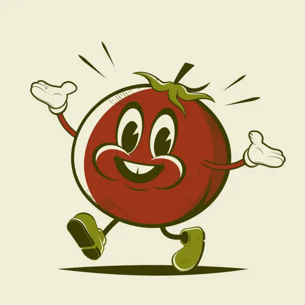 Vector illustration of funny retro cartoon illustration of a walking tomato