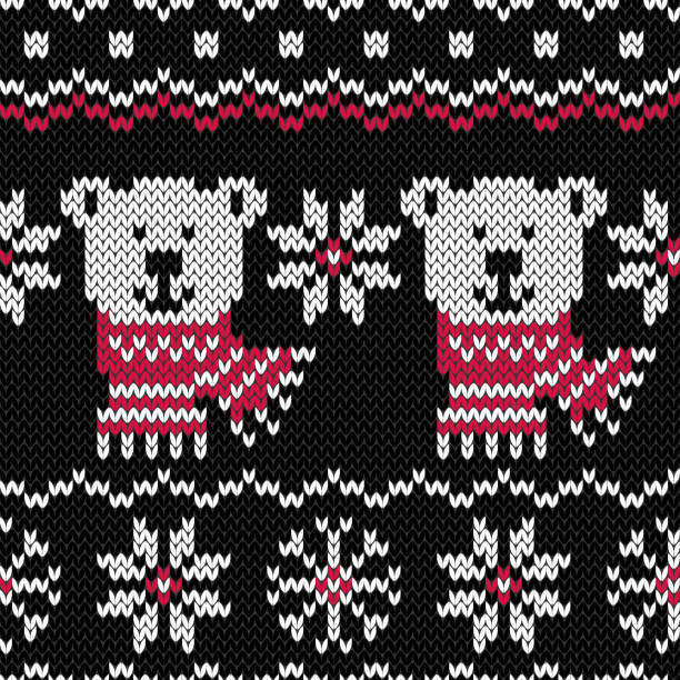 ilustraciones, imágenes clip art, dibujos animados e iconos de stock de retrato blanco oso polar jacquard patrón sin costuras - winter bear