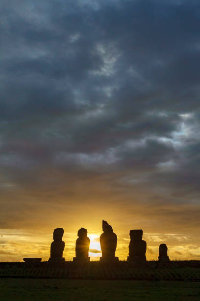 Easter Island Chile group of Moai Statue in front of blue sky
