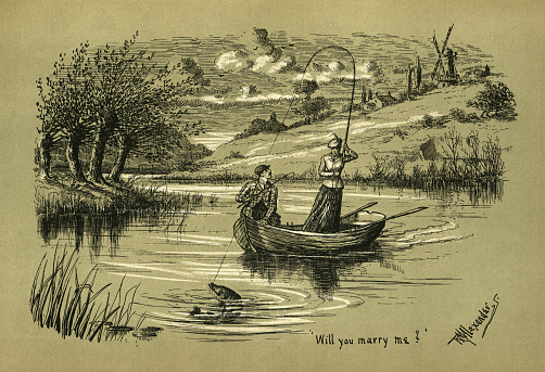 Vintage illustration of man proposing to woman, while she is fishing, Victorian, 1890s, 19th Century.  From A fishy proposal, by Mark Bench.  Will you marry me ?