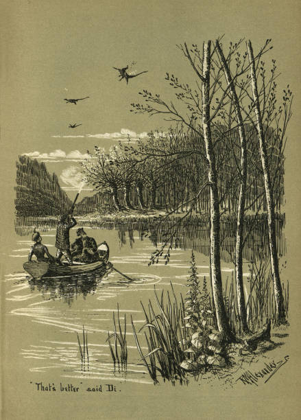 Vintage illustration of Hunter shooting geese from a rowing boat, Victorian, 1890s, 19th Century.  From A fishy proposal, by Mark Bench.  That's better said Di.