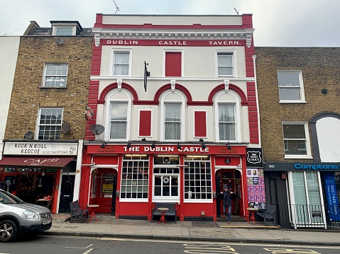 Facade of The Dublin Castle pub at Parkway street in Camden, London. Legendary live music venue. Horizontal