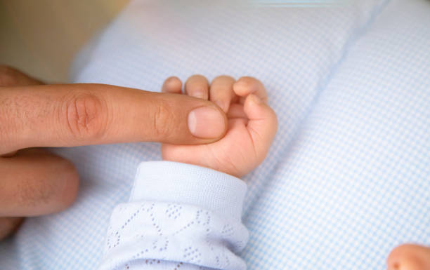 The mother is holding the hand of the child. Mother's and child hands. Family concept stock photo