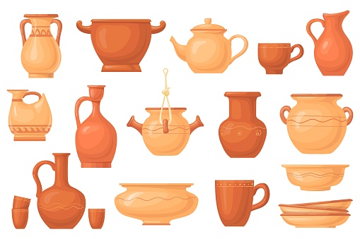 Cartoon clay crockery. Antique ceramico utensils, brown earthenware pot dish vessels cup jug bowl, ancient ceramic dishes, pottery kitchenware, icon vector illustration. Ceramic vase clay, pot antique