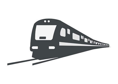 Simple silhouette illustration in perspective view of a streamline commuter train turning.
