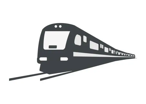 Vector illustration of Streamline commuter train turning. Silhouette illustration in perspective view.