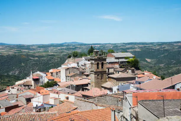 Beautiful aerial view of Fermoselle. Bell tower and rooftops. Village in Zamora, Spain. Europe